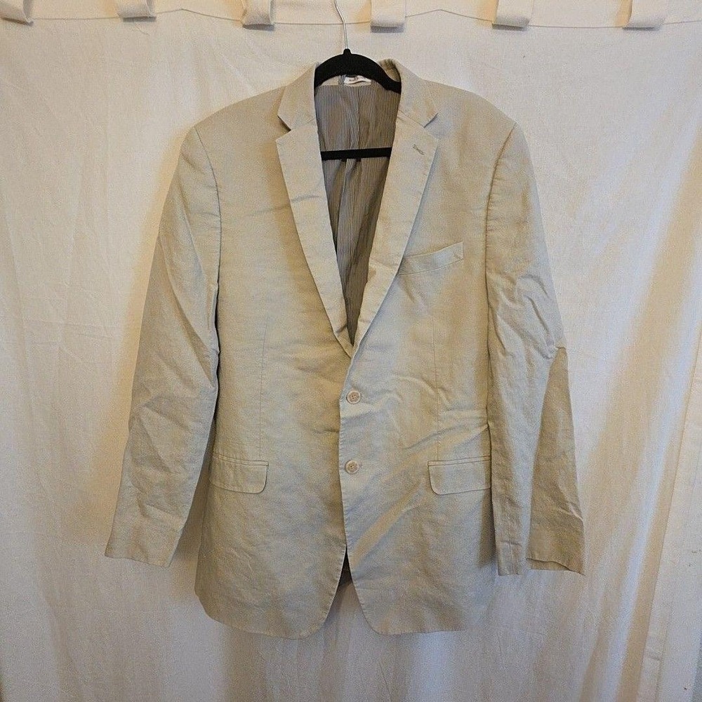 Calvin Klein Blazer Sport Coat Mens L Beige Linen Jacket Summer Wedding
